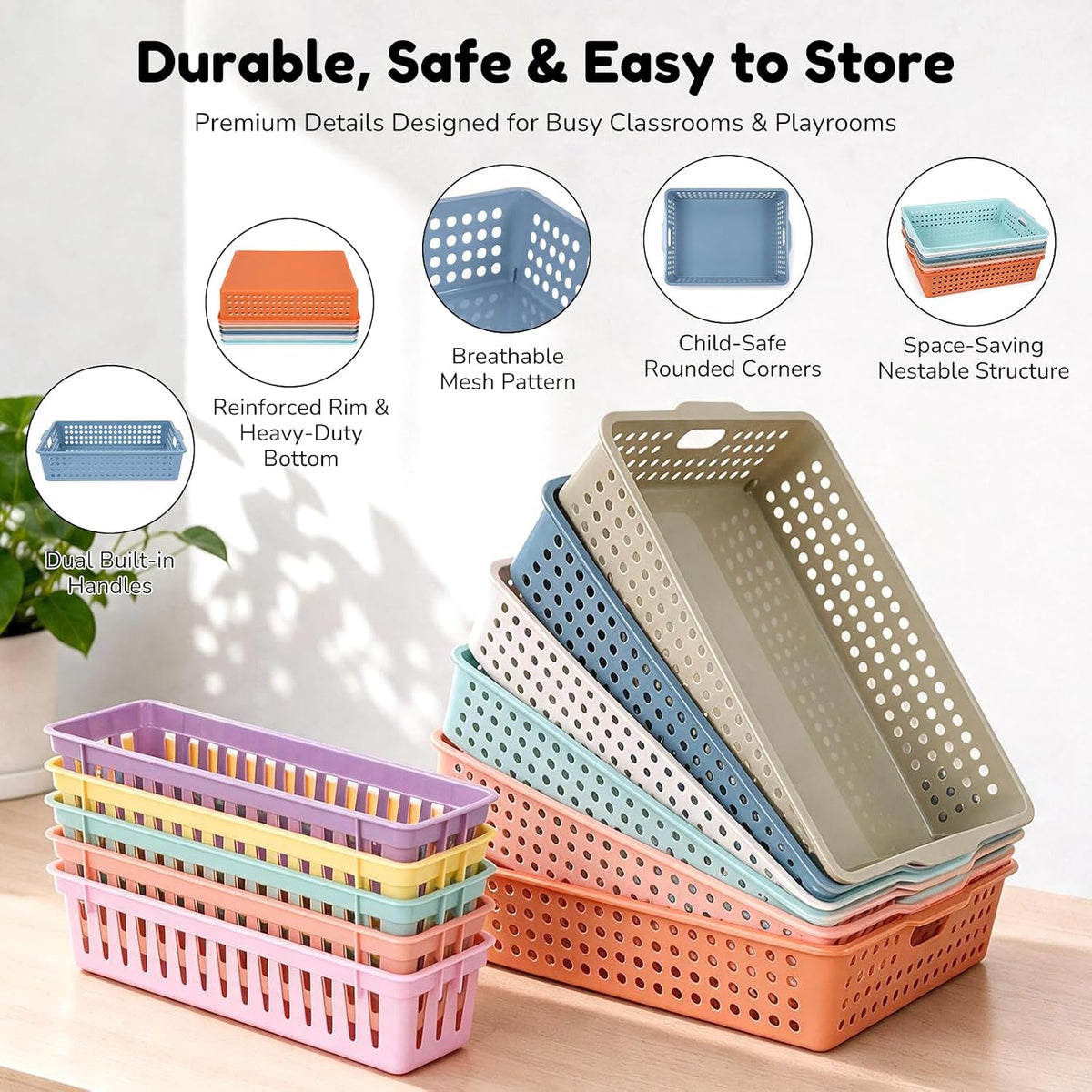 16-Piece Macaron Classroom Storage Set: 6 Paper Bins & 10 Pencil Trays