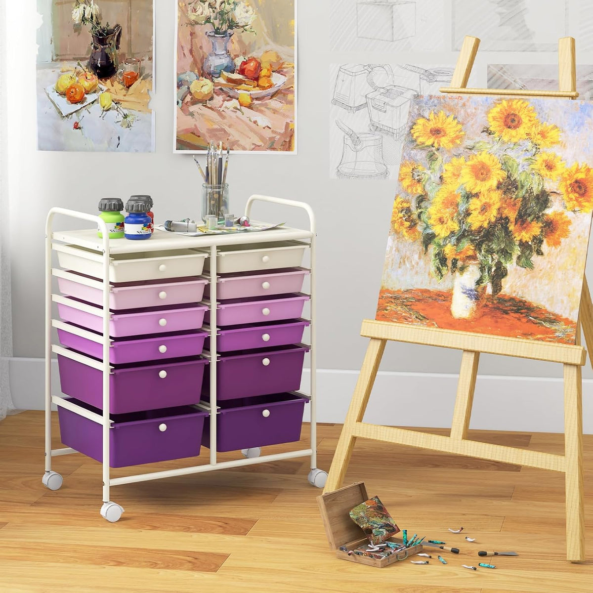 Happygrill 12-Drawer Rolling Storage Cart, 2 Sizes Plastic Drawers & Metal Shelf
