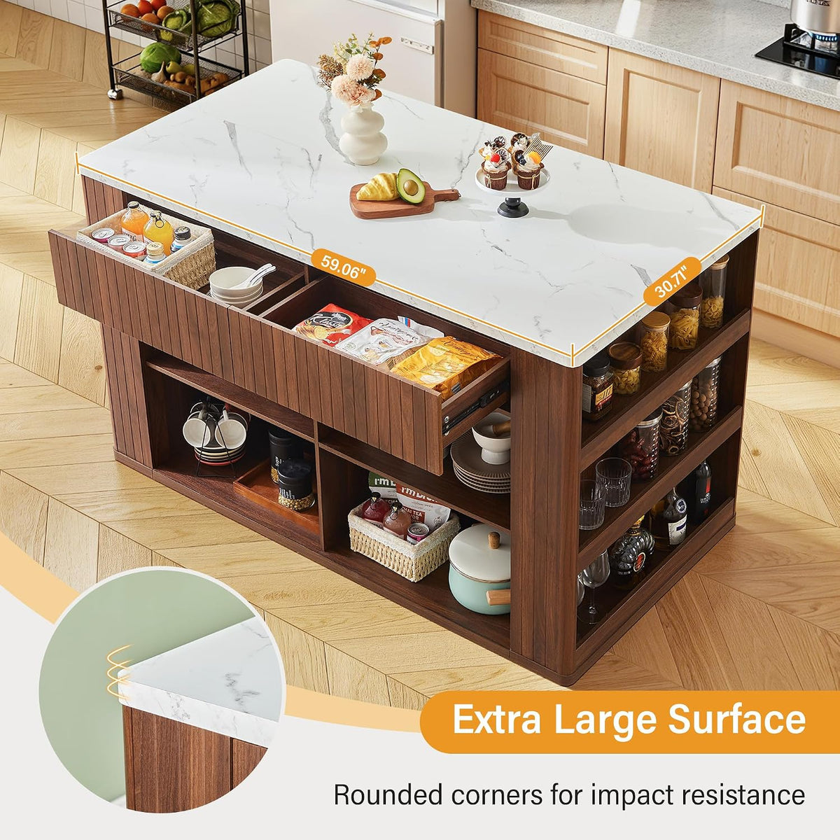 59" Kitchen Island with Storage & Seating for 2, Modern Stationary K...