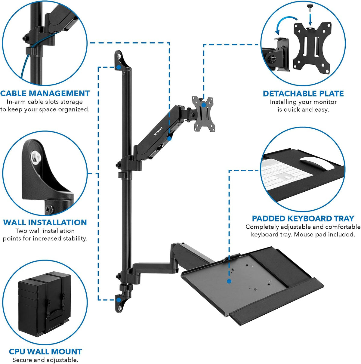 Mount-It! Single Monitor Arm Wall Mount Workstation with Keyboard Tray & ...