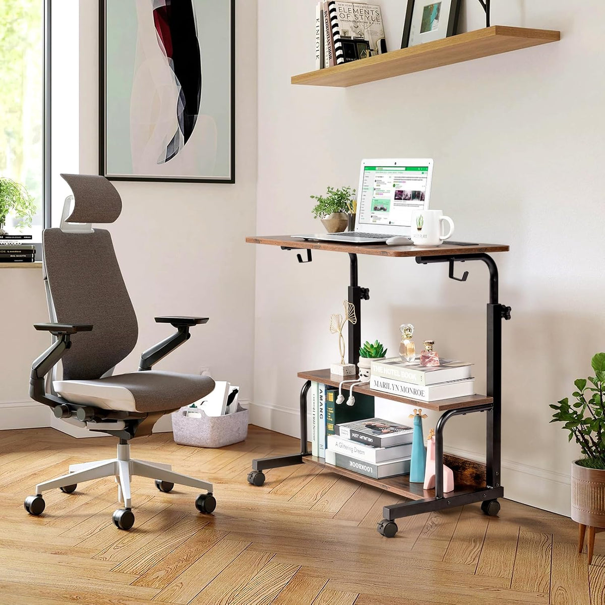 Karl home 31.5" Portable Rolling Computer Desk on Wheels, Rustic Brown