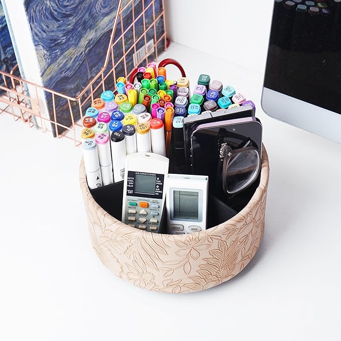 Hennaja Remote Control Holder, 360°Spinning PU Leather Desk TV Remote Caddy - Image 6
