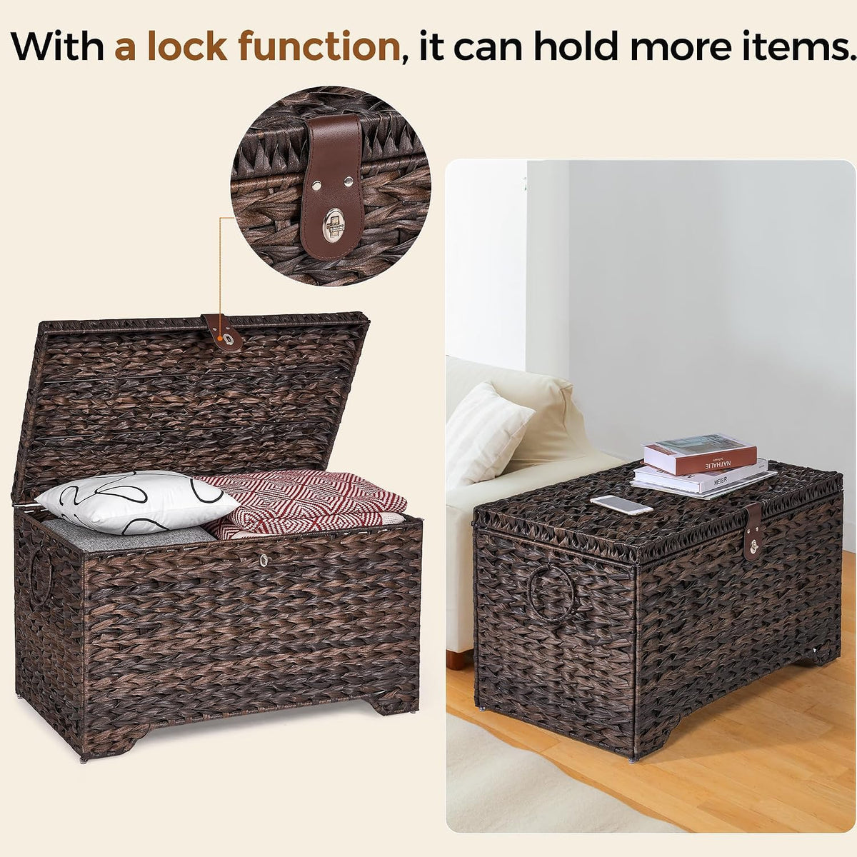 165l handwoven wicker storage basket with lid, large shown in use