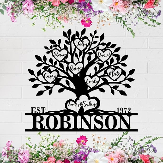 Personalized Family Tree Metal Sign Custom Last Name Sign Tree of Life Wall Art by HYTSIGN