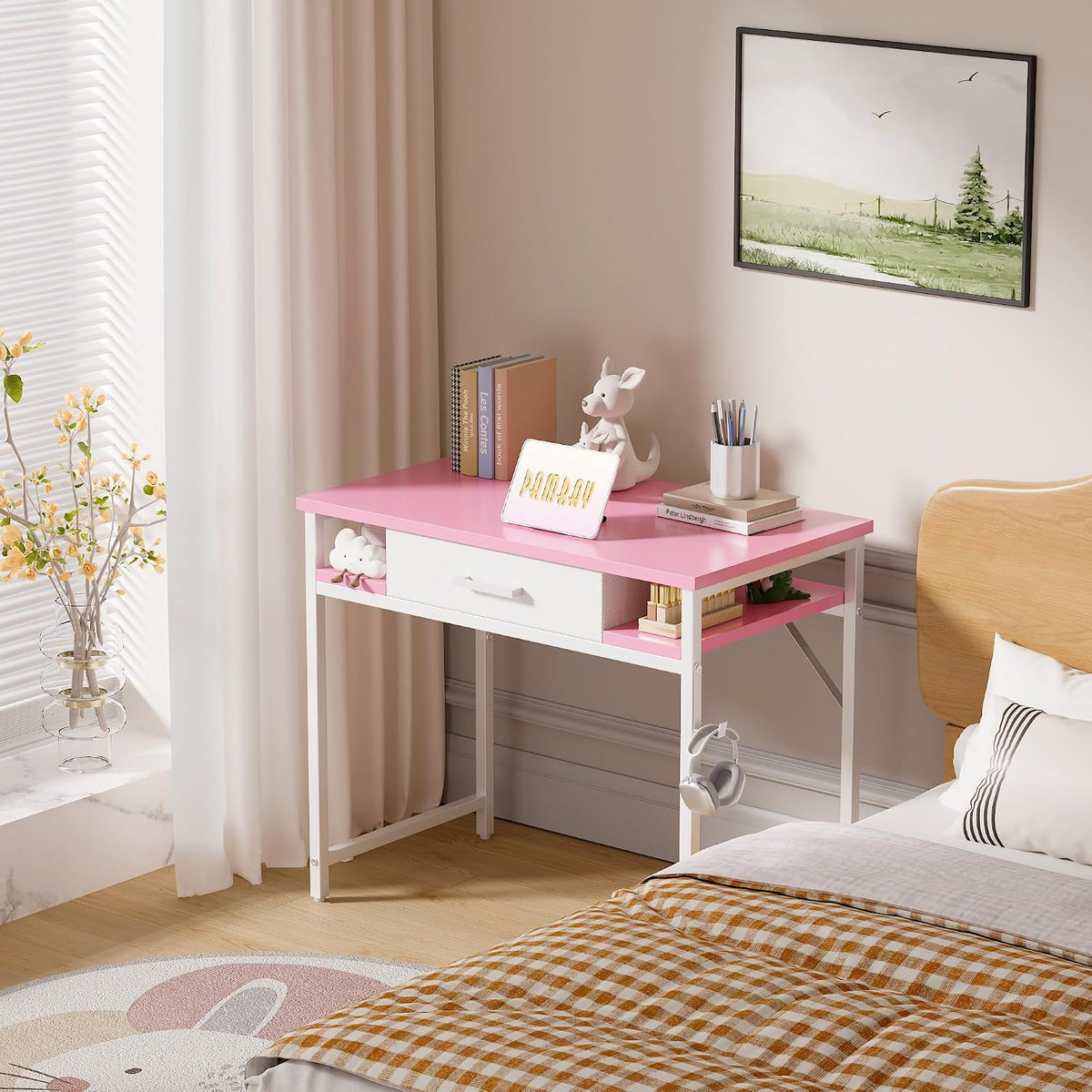 Pamray 32 Inch Small Computer Desk with Drawers for Bedroom Small Spaces