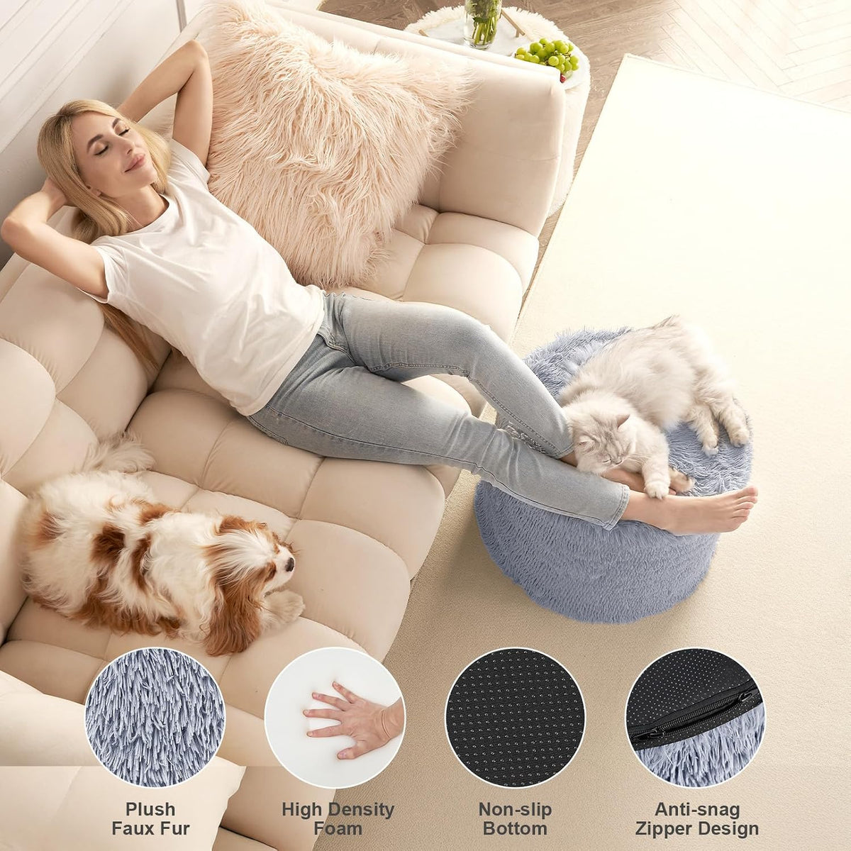 Hansleep Round Pouf Ottoman Foot Rest, Footstool, 17 x 14 Inch, Grey