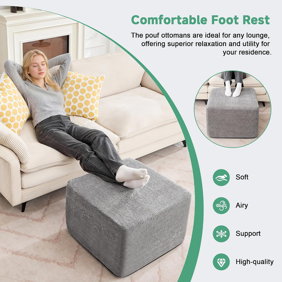 23.6'' square pouf boneless ottoman foot rest with, close-up detail