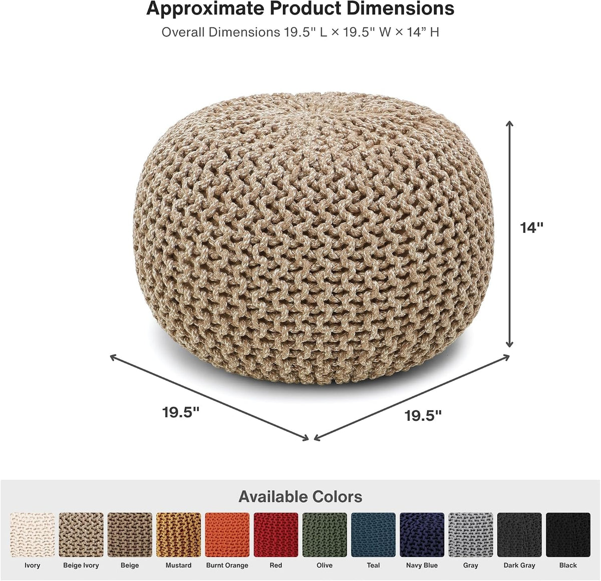 · REDEARTH · Round Pouf Ottoman - Hand Knitted Boho Poof - Beige Ivory