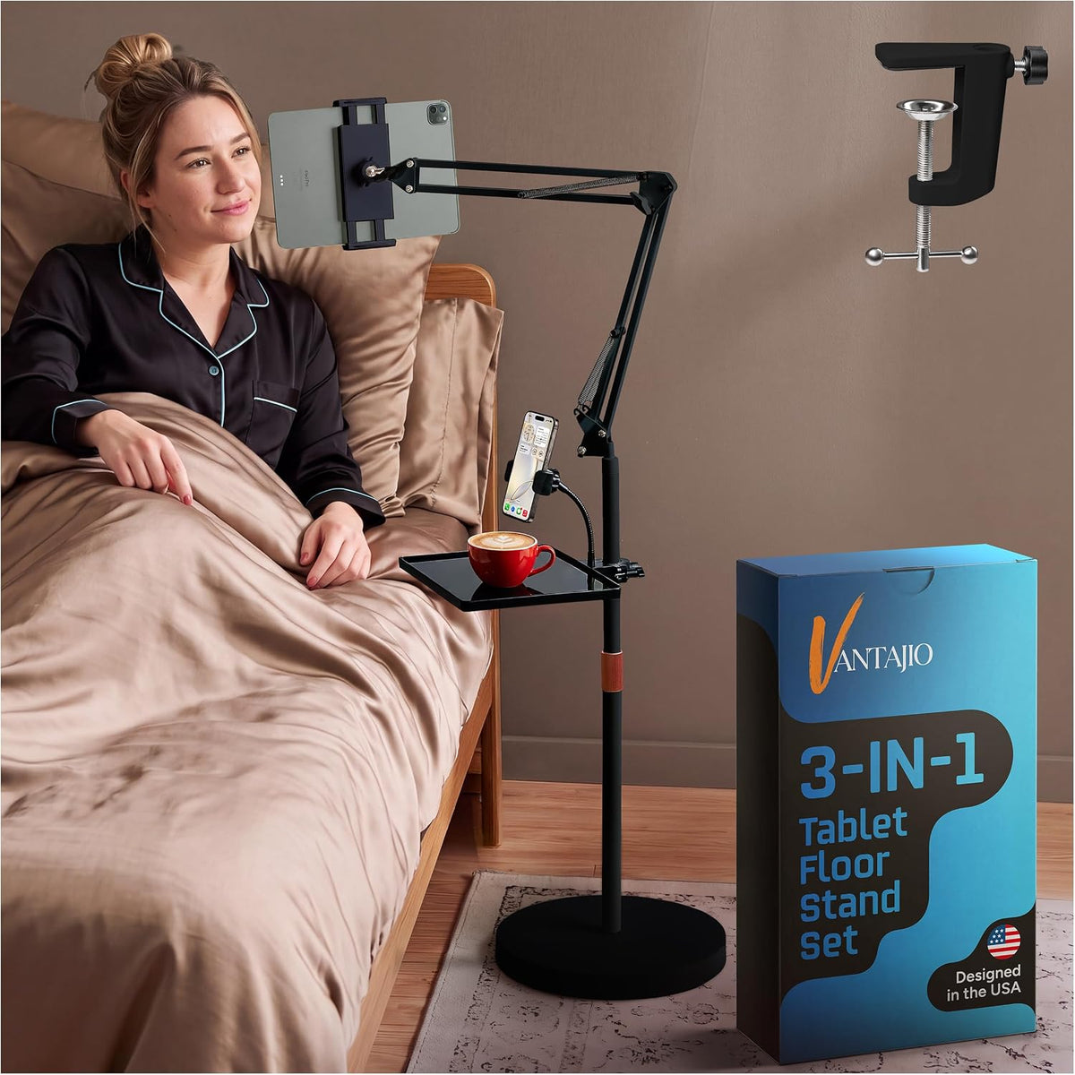 Tablet Floor Stand, 12lb Weighted Base, Tray & Phone Holder, Black