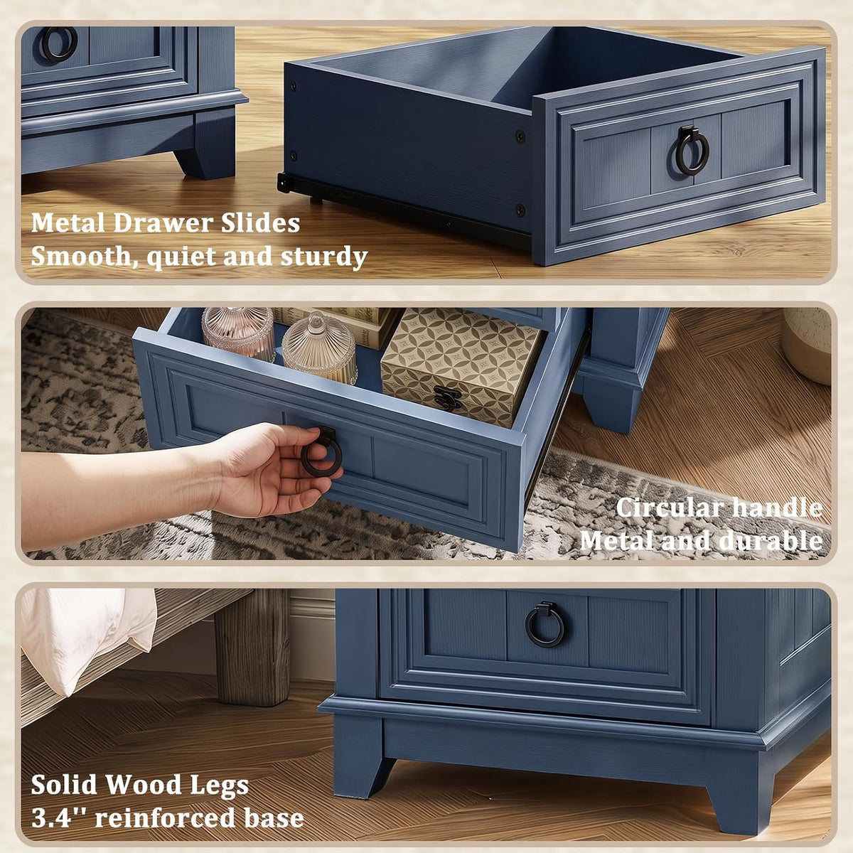 Joaxswe Farmhouse Nightstand, 18'' End Table with 3 Drawer Metal Handle