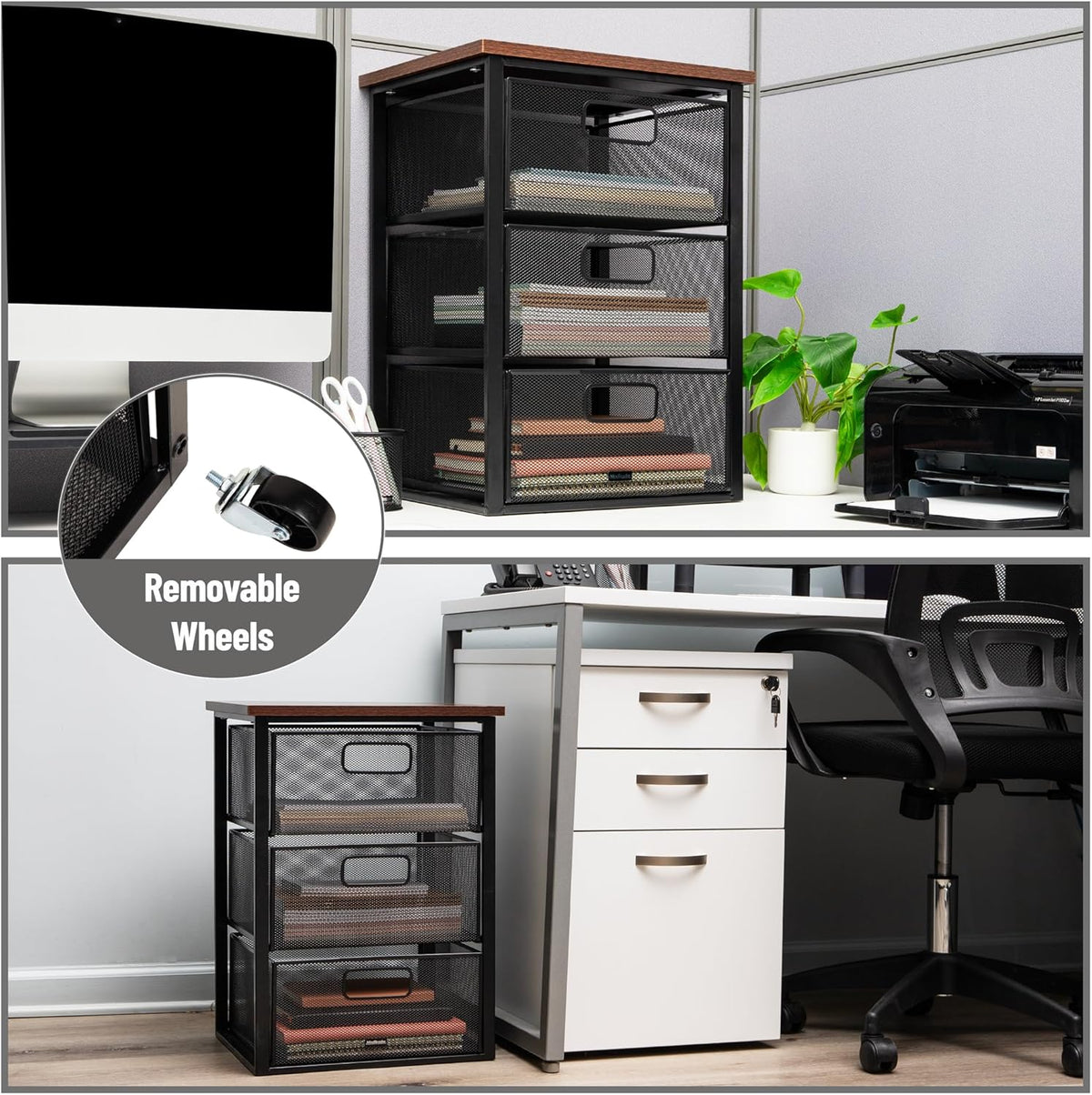 Mind Reader 3 Drawer Storage Organizer with Wood Top, Rolling Office Organize...