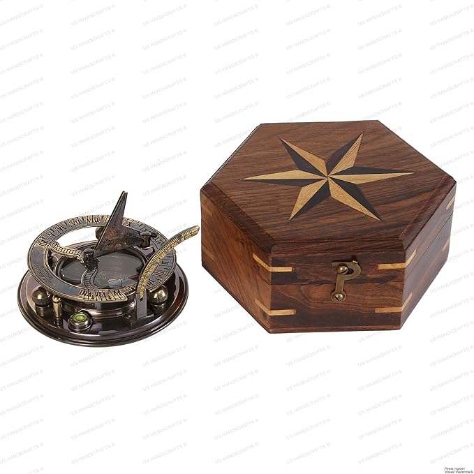 US HANDICRAFTS Vintage Brass Sundial Compass – Engraved Navigation Instrument - Image 3