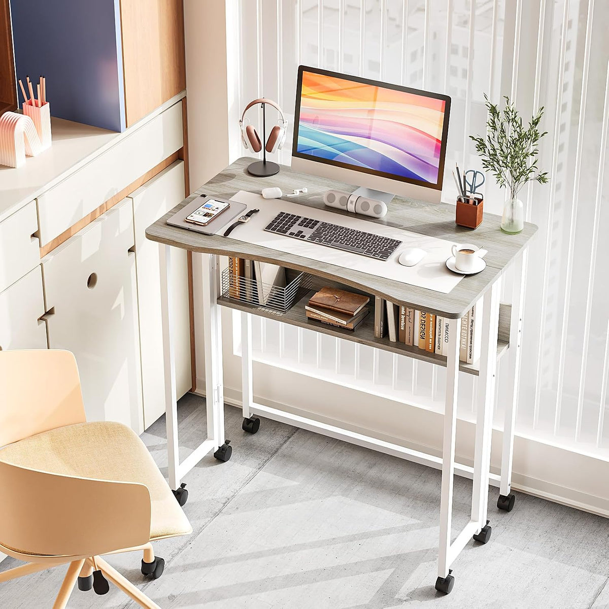 VINGLI 31.5 Inch Folding Computer Table, Small Rolling Desk with Storage Shel...