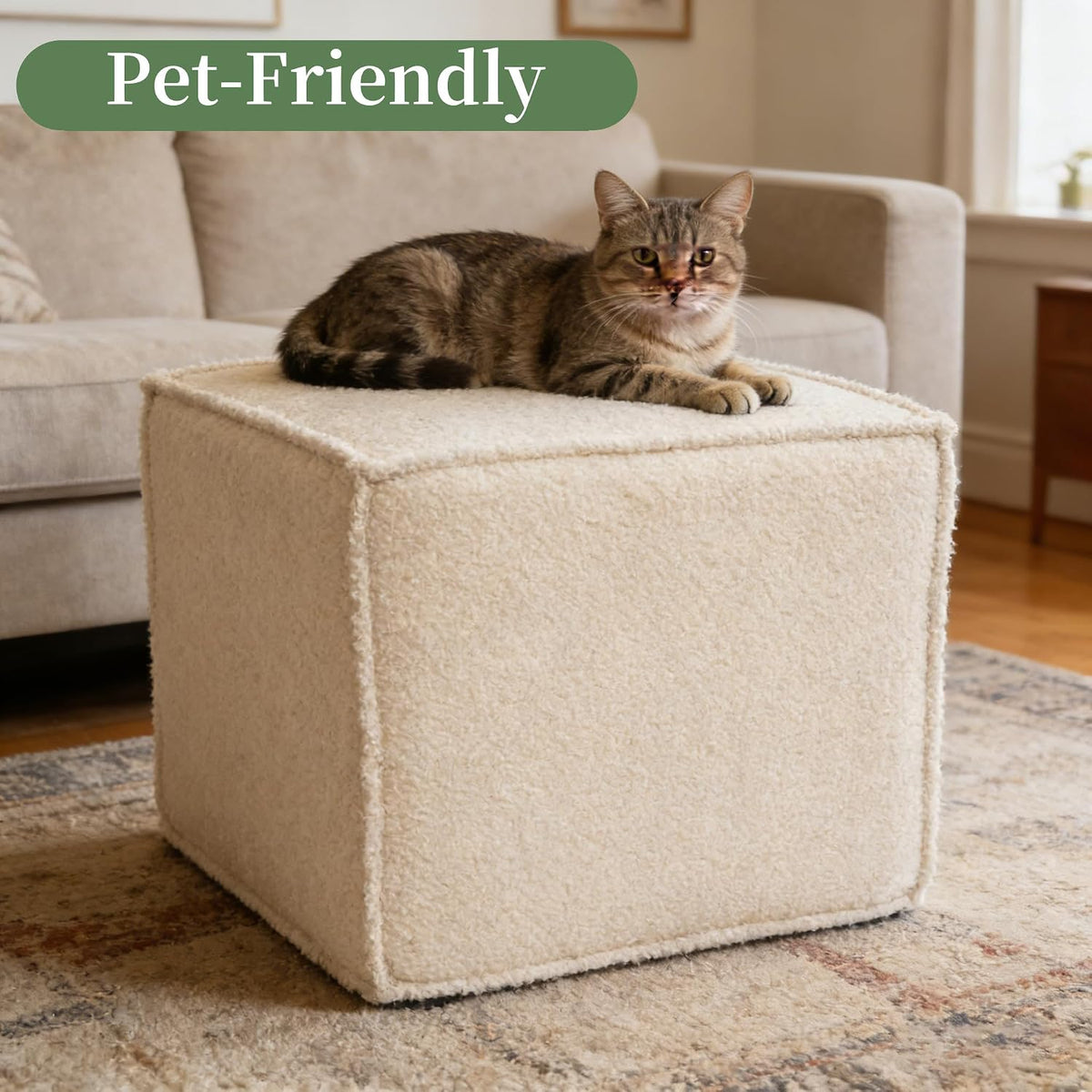Square Ottoman Foot Rest,Small Pouf for Couch - Boucle Upholstered Foot Stool...