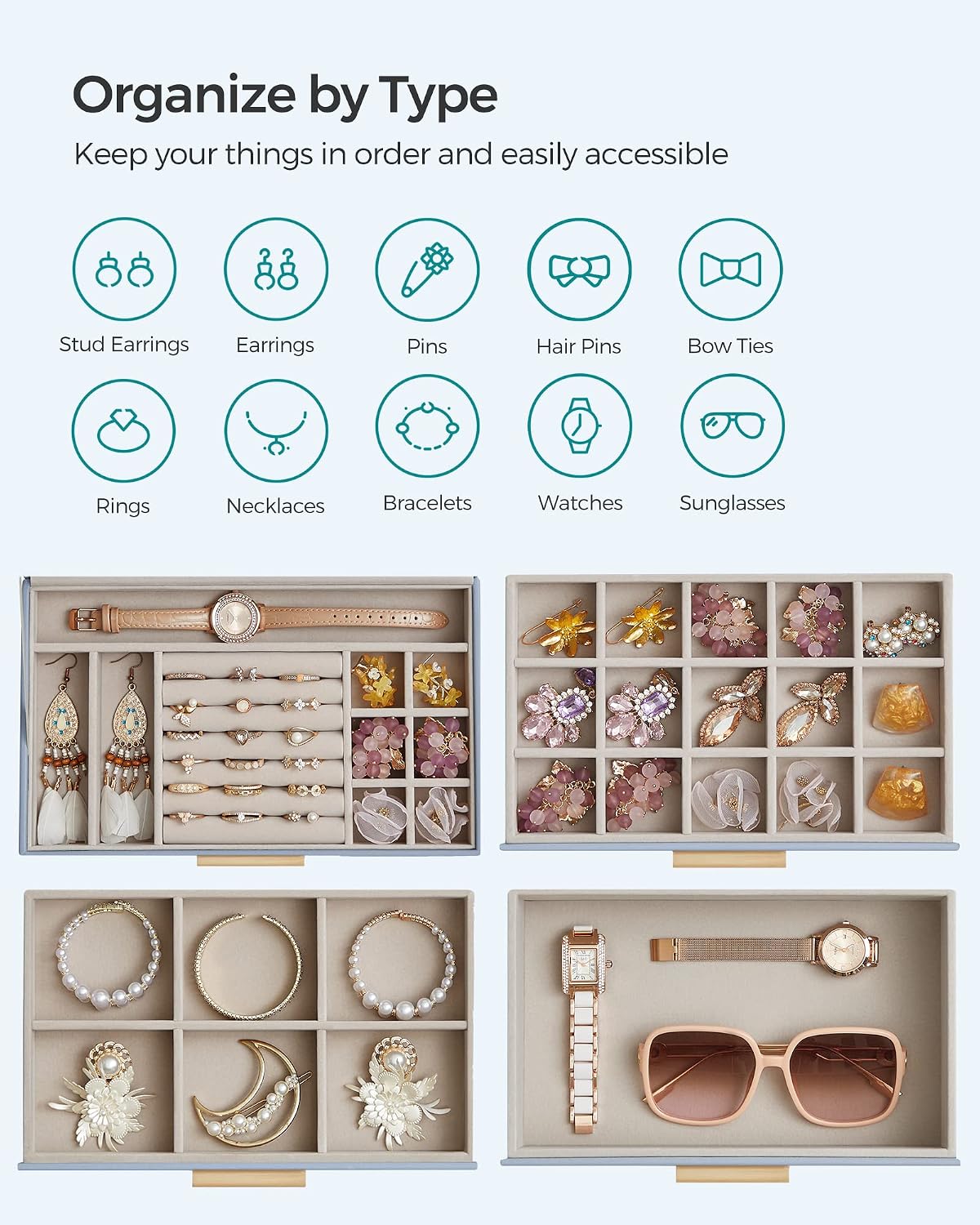 SONGMICS Jewelry Box Organizer, 4-Layer Storage with 3 Drawers, Glass Lid