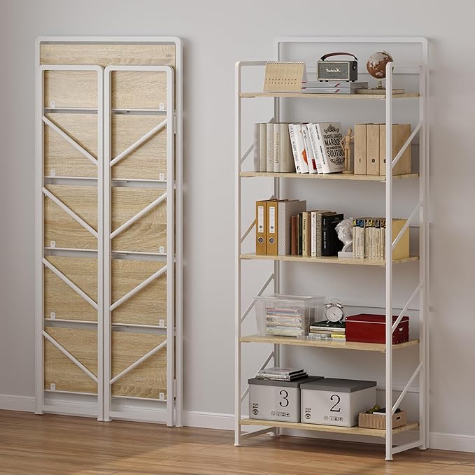 JSB Folding Bookshelf, Industrial Storage Shelves, No Assembly Vintage Wood - Image 4