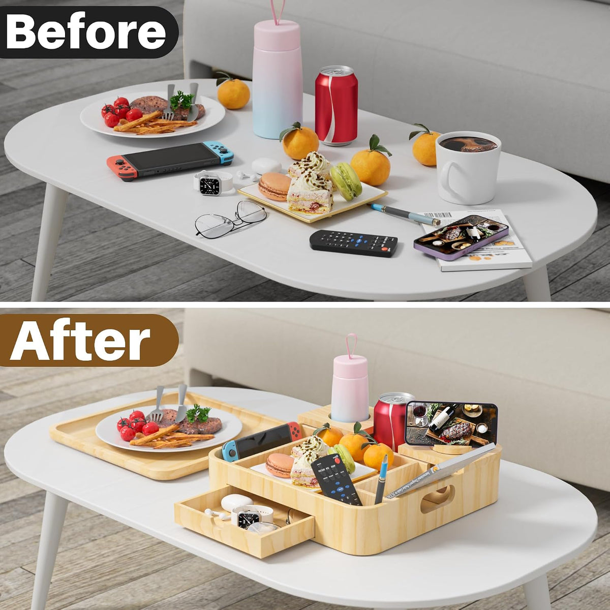 Couch Cup Holder 2-Tier Solid Pine Wooden Trays with Drawer 12.5 * 12.5 in