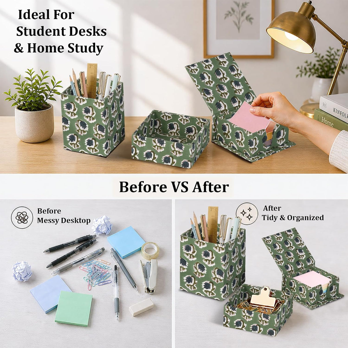 Ridhi Basil Green Block Print Desk Organizer Pen & Notepad Holder Set-3