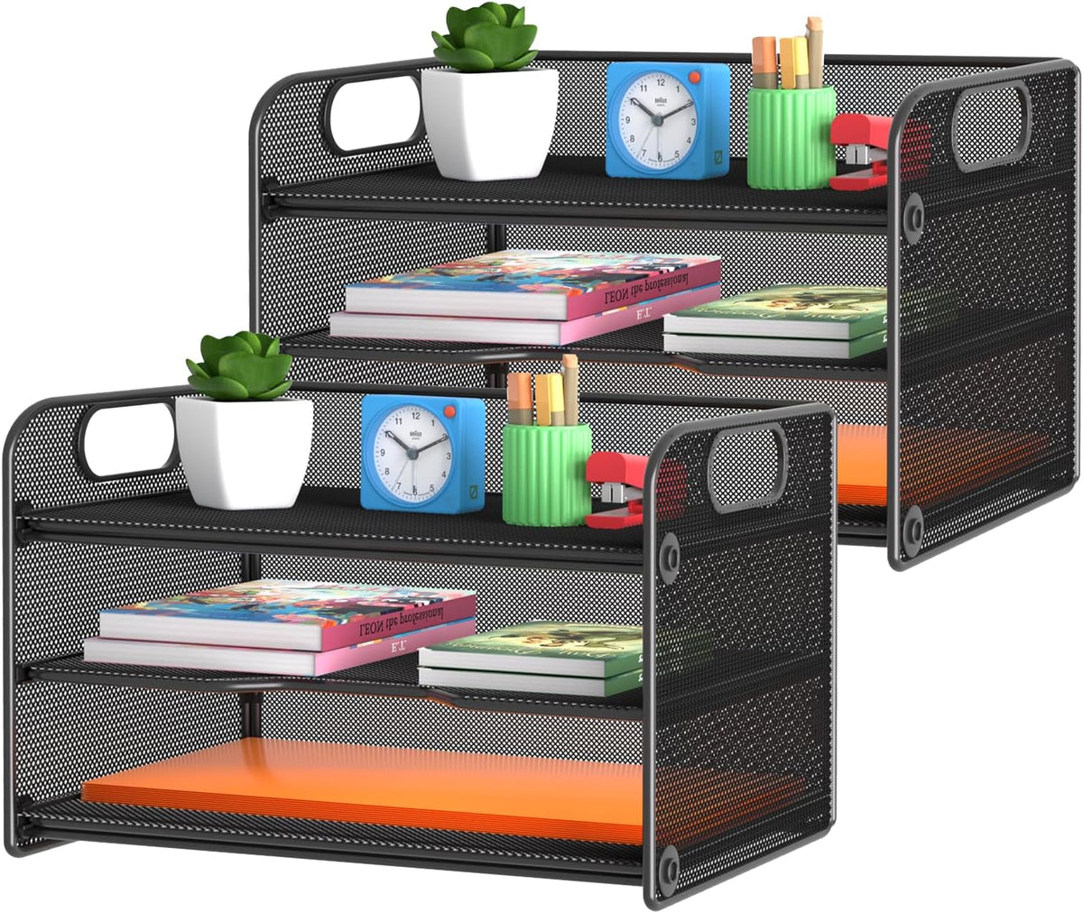 samstar 2 Pack 3 Tier Letter Tray Paper Organizer with Handle, Mesh Desk Orga...