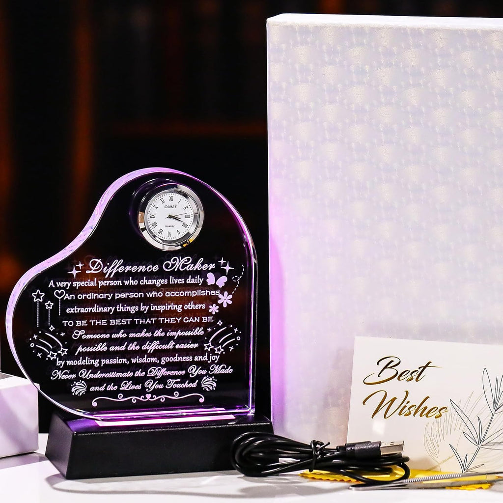 YWHL Difference Maker Gift with LED Base Thank You Gifts for Women Men Employee Mentor Teacher Boss Coworkers Retirement Appreciation Gifts Motivational Difference Maker Clock Plaque Sign Office Decor