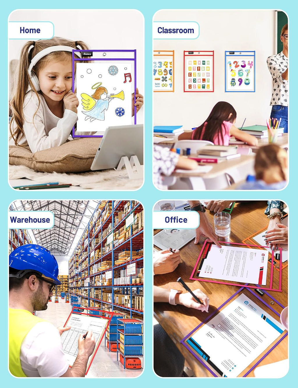SUNEE 30 Packs Oversized Reusable Dry Erase Pocket Sleeves with 2 Rings, 10 Assorted Colors 10x14 Ticket Holders, Clear Plastic Sheet Protectors, Teacher School Classroom Supplies