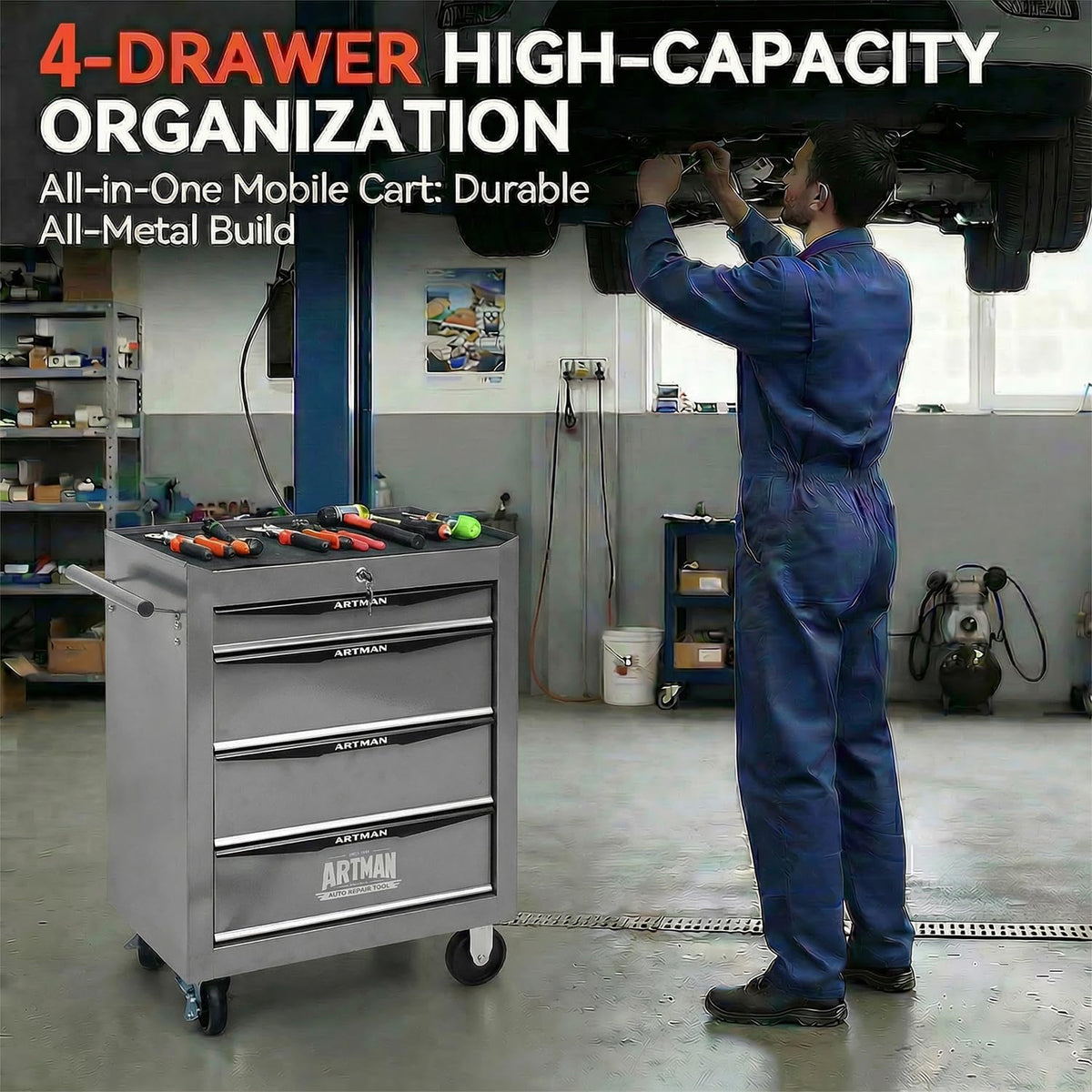 4-Drawer Rolling Tool Chest - Heavy Duty Tool Storage Cabinet with Lockable W...