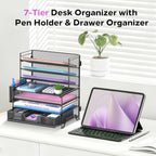 7-tier desk organizer with drawer and pen holder, side view
