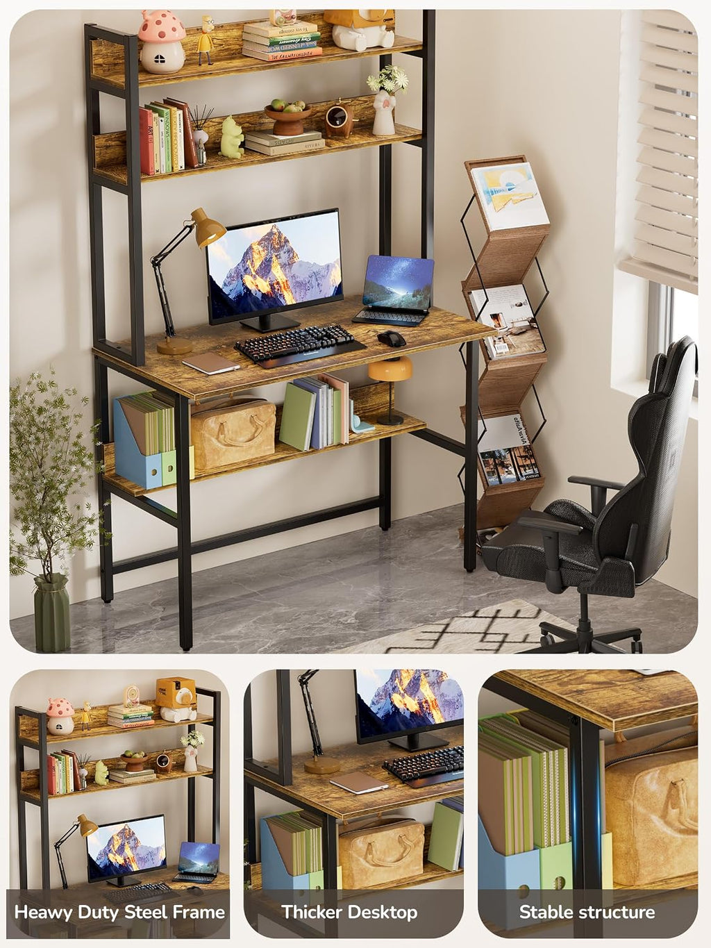 40 Inch Desk with Shelves, Computer Desk with Hutch | Home Office Desk with Bookshelf, Study Table with Storage Shelf for Study/Writing/Workstation, Brown