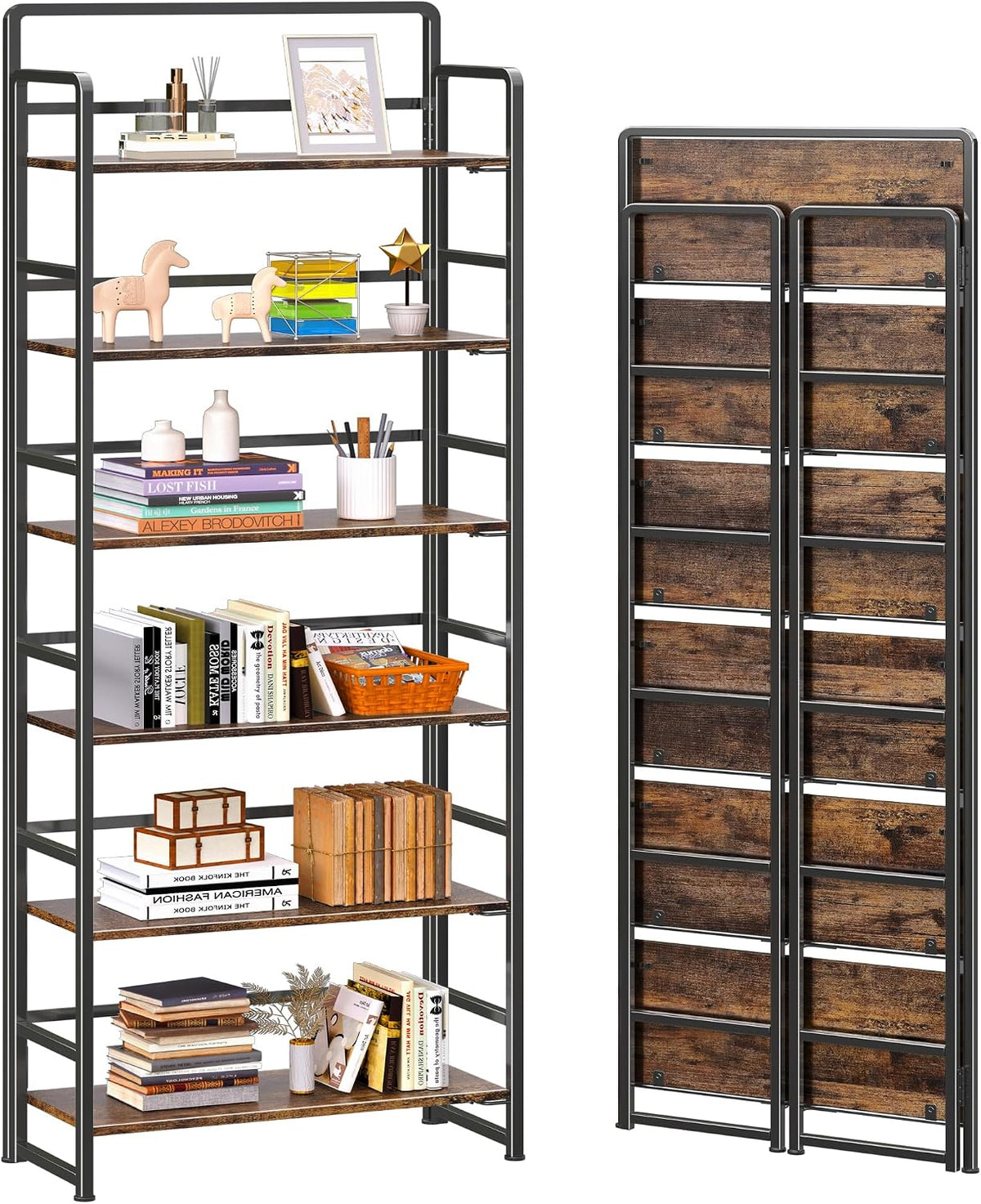 4NM No Assembly 6 Tiers Folding Bookshelf Storage Shelves Vintage Bookcase