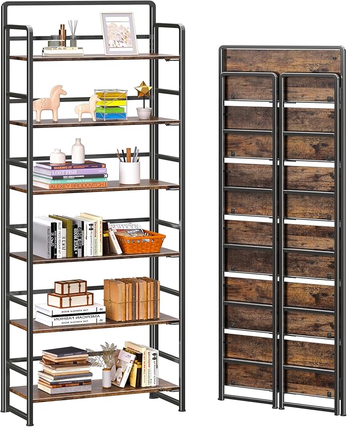 4NM No Assembly 6 Tiers Folding Bookshelf Storage Shelves Vintage Bookcase by 4NM