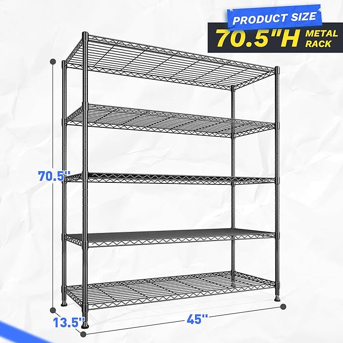 45 "W Storage Shelves 5 Tier Wire Shelving Unit Adjustable Metal Shelving Wire - Image 3