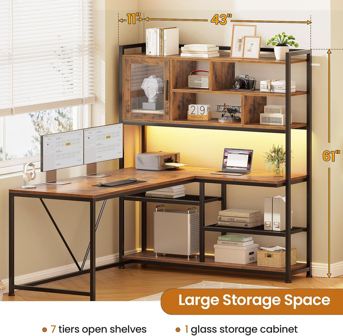 SEDETA L Shaped Computer Desk with Storage Shelves, Bookshelf, Rustic Brown