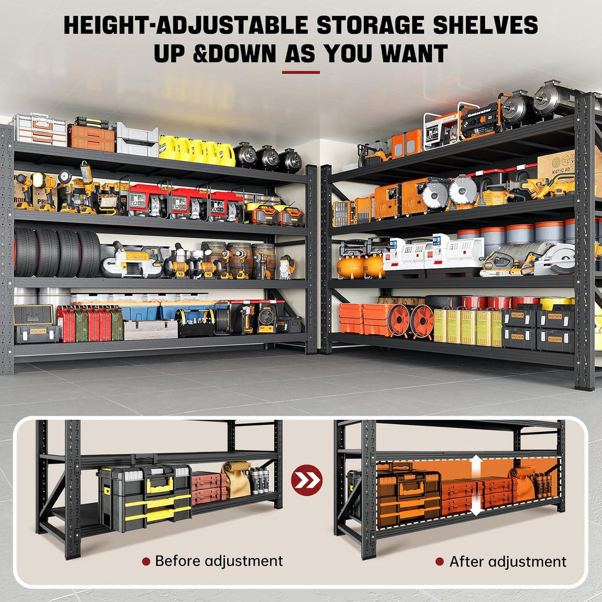 ravigin 5000lbs storage shelves,71" w garage shelving heavy showing dimensions