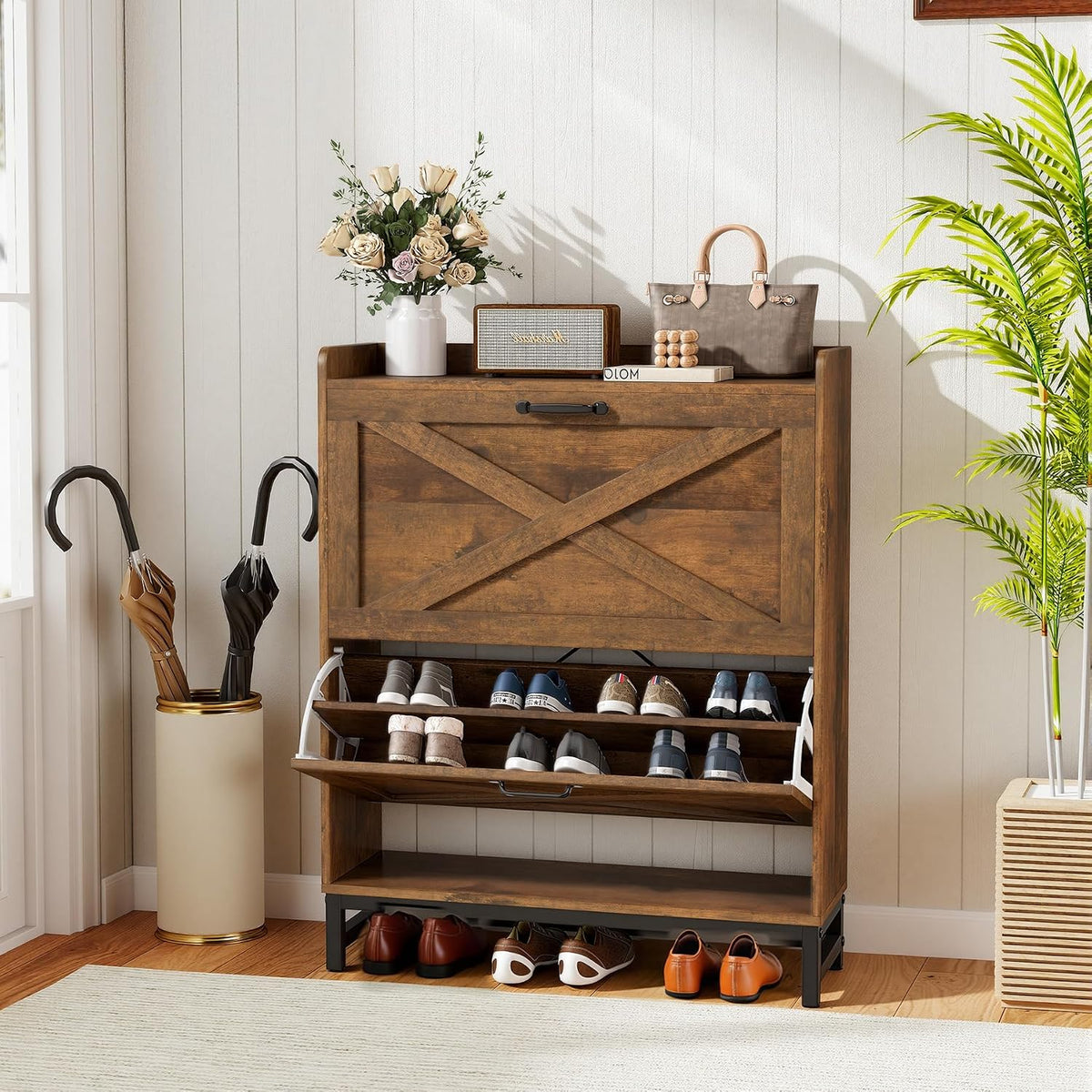Miereirl Rustic Farmhouse Shoe Cabinet with 2 Flip Drawers, Narrow Entryway S...