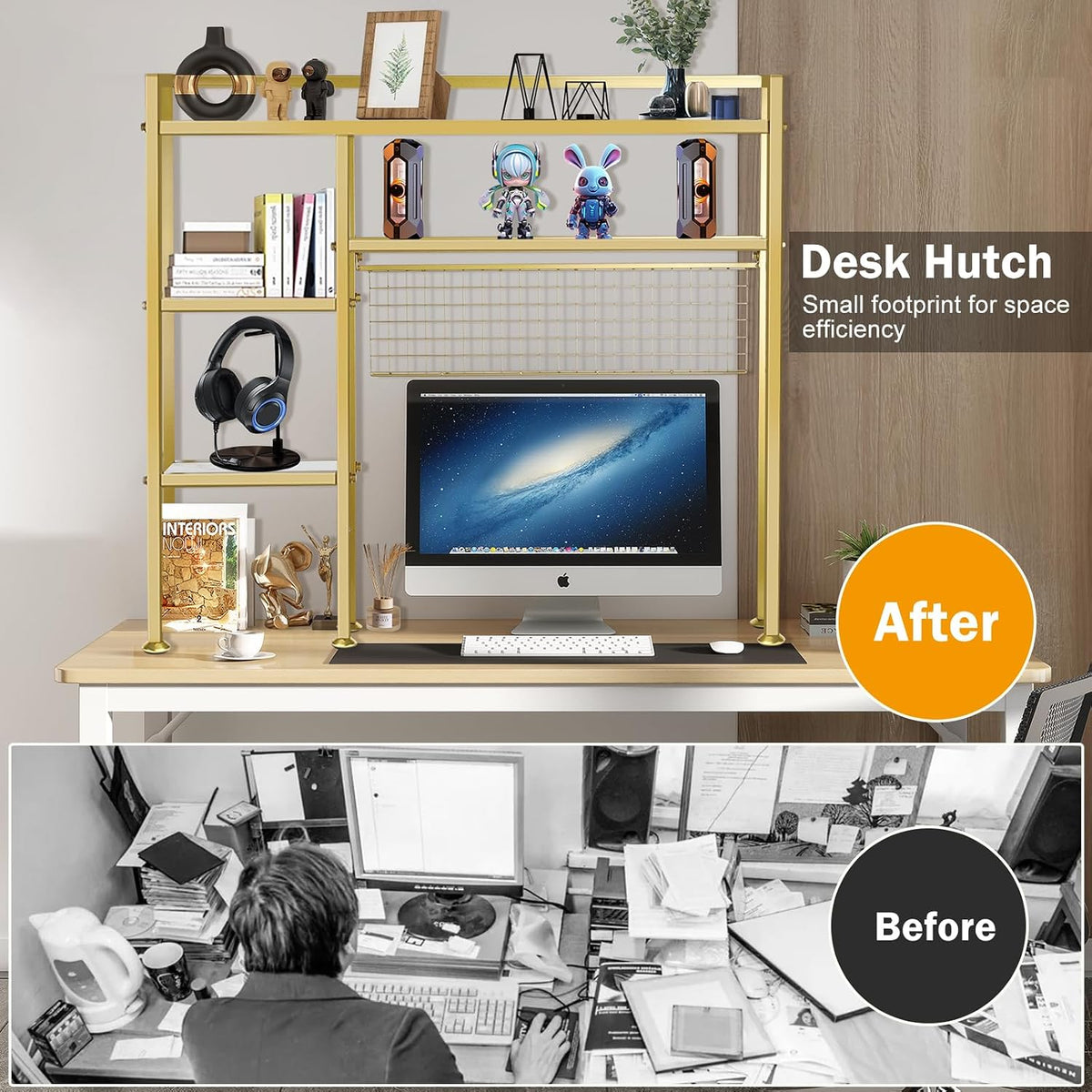 Desk Shelf with Grid Panel, 37.5" Desktop Hutch Organizer, 4-Tier Desk B...
