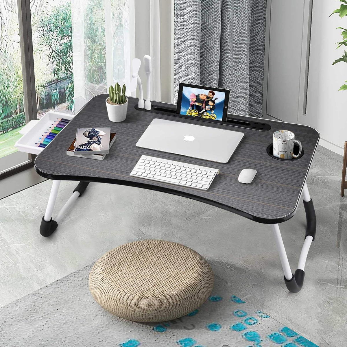 Slendor Bed Desk for Laptop and Writing with Storage, Cup Holder, Light