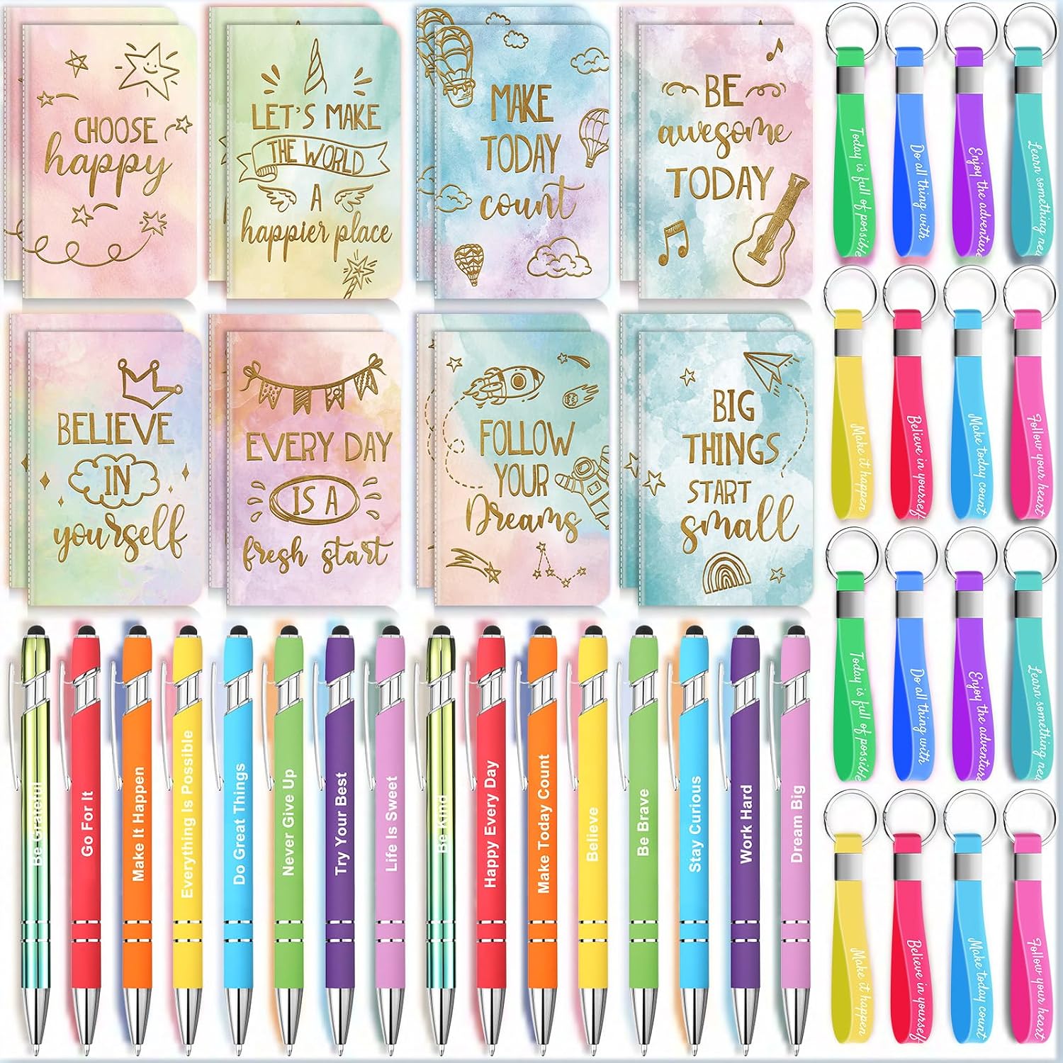 PerKoop 48 Pcs Inspirational Gifts Bulk Motivational Employee Notepads Ballpoint Pens Keychains Set for Staff Coworker Appreciation Gifts for Teachers Nurse Women Office Party Favor Supplies