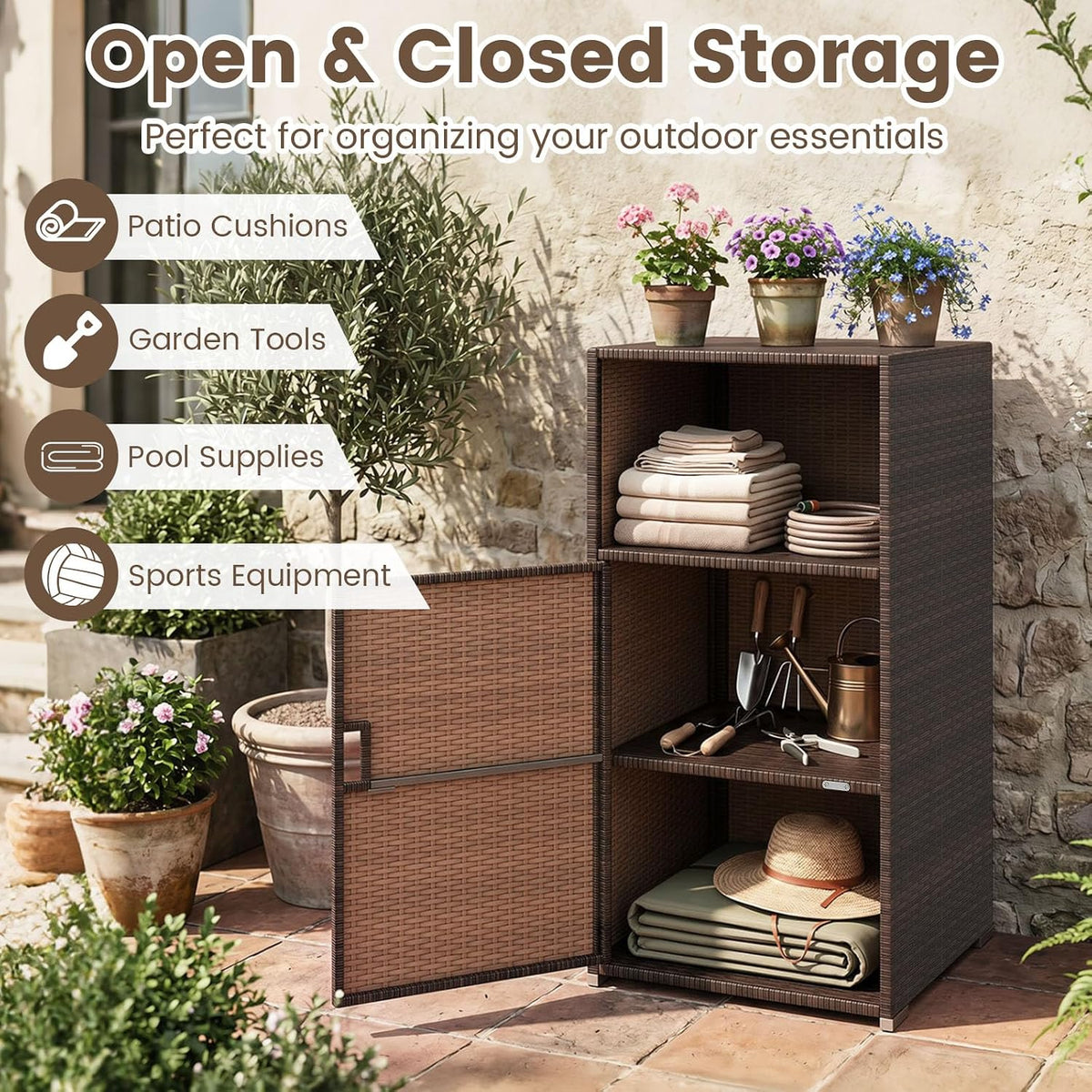 tangkula rattan outdoor storage cabinet with 3 storage, close-up detail