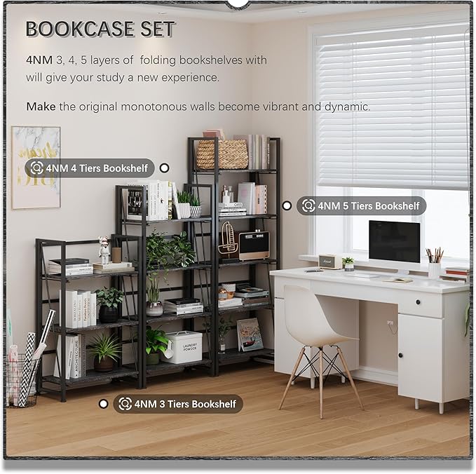 4NM No Assembly Folding Bookshelf Storage Shelves 3 Tiers Vintage Bookcase - Image 5