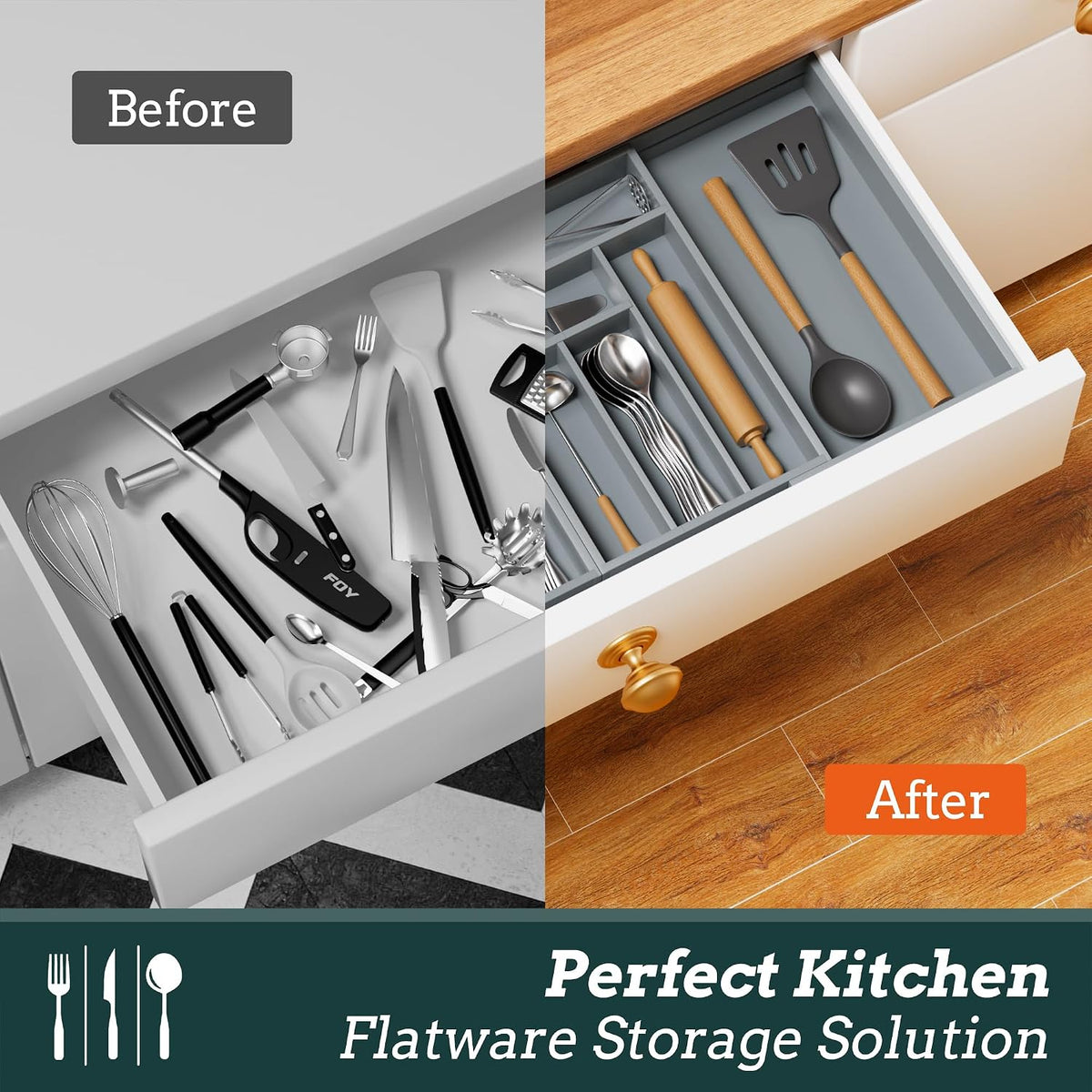 Magnetic Expandable Silverware Drawer Organizer, 13 Slots Utensil Gray