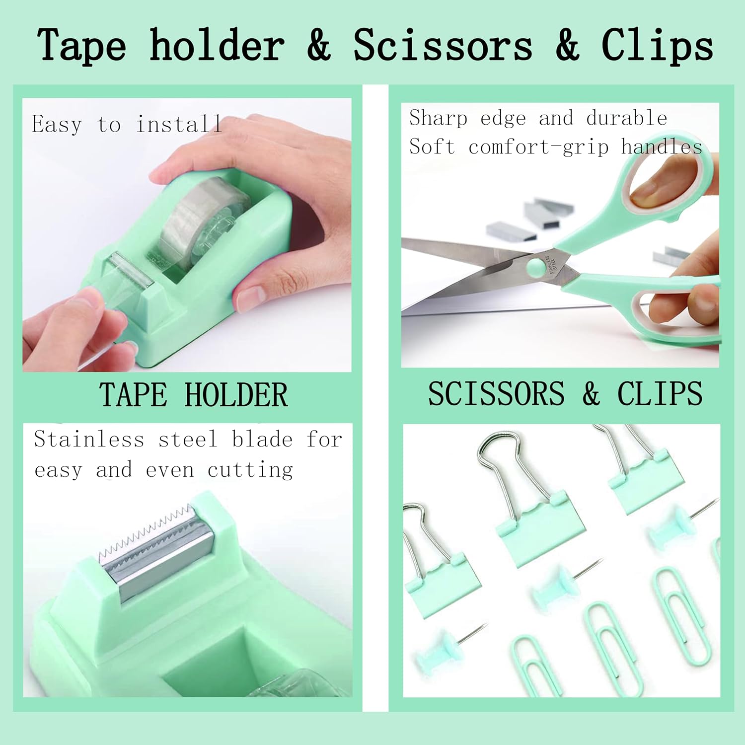 Green Office Desk Accessories Supplies, 12pcs Desk Organizers and Accessories with Tape dispenser and Stapler,Staples,Staple Remover,Pen Holder,Scissor,Ruler,Sticky Tabs,Tape,Ballpoint Pen,Clips Set