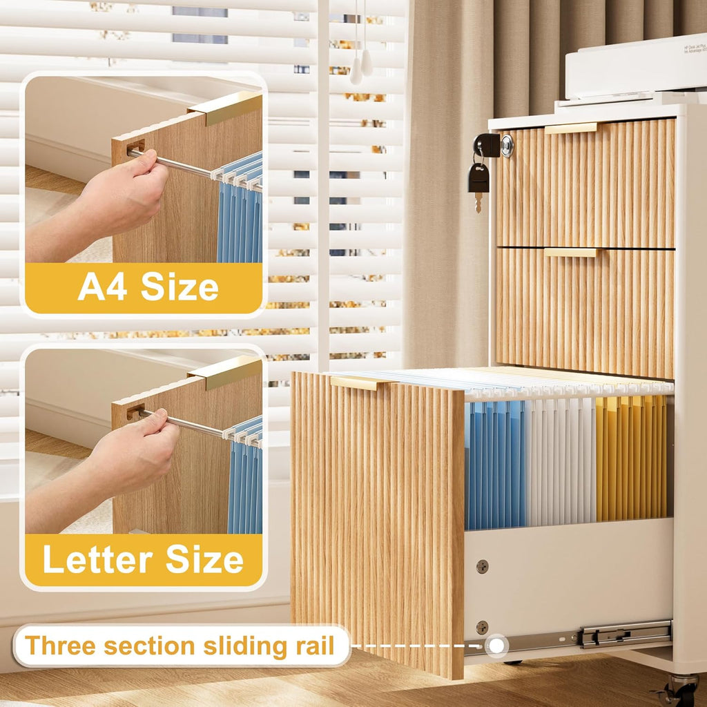 3 drawers fluted mobile file cabinet with lock, close-up detail