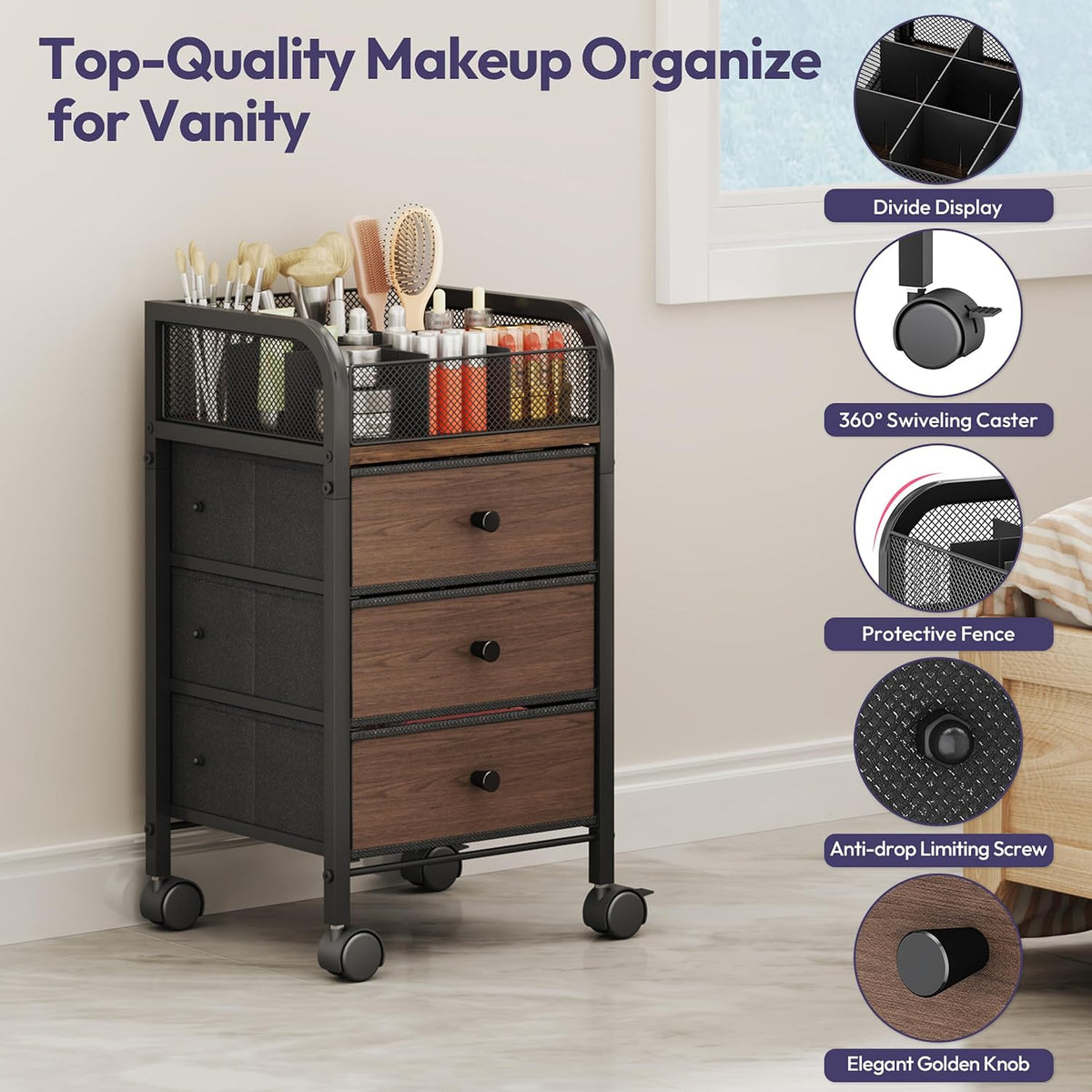 SWTYMIKI Rolling Makeup Organizer Cart - Under Desk Vanity Makeup Storage wit...