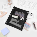 3-Ring Binder Pencil Pouch, Zipper Organizer with 3 Compartments, Mesh Window & Metal Grommets, Durable Oxford Pen Case for School Office Supplies Black