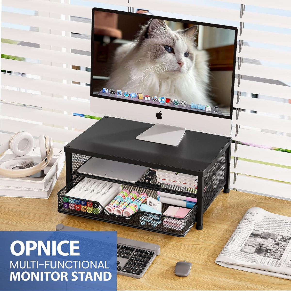 opnice computer monitor stand riser, desk organizer with shown in use