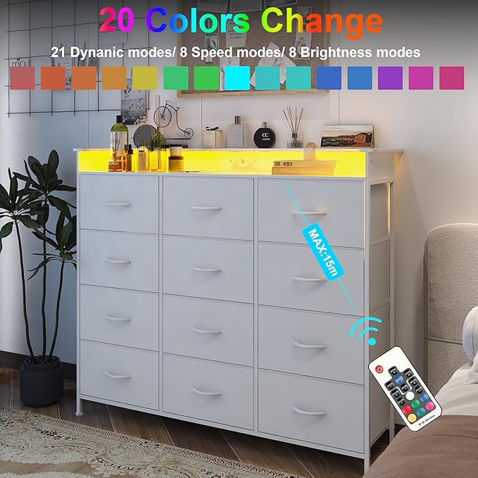 Welfuturer White Dresser with LED Lights and Charging Station - Image 4