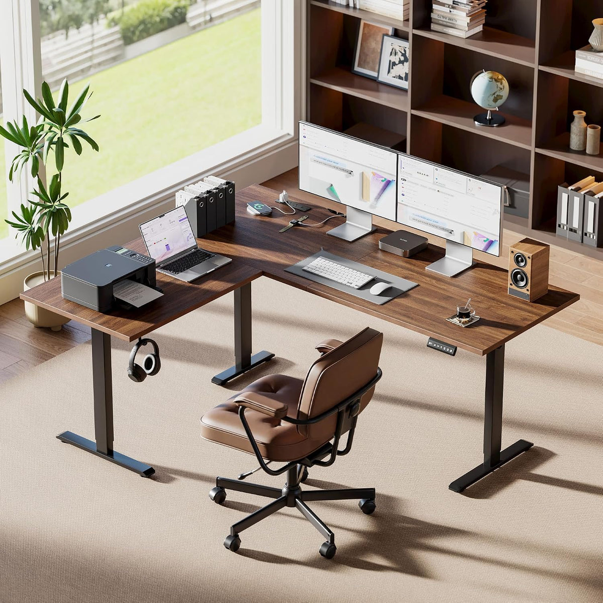 Agilestic 75 x 61 Inch L Shaped Standing Desk with Powerstrip, Dark Walnut