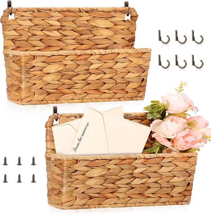 2 Pcs Woven Mail Holder Wall Mount Basket Rattan Wall Letter Holder Wicker by Unknown