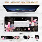 DINKY Desk Mat Black Flower, Large Gaming Mouse Pad with Wrist Rest, 4in1 XXL Mousepad+Keyboard Wrist Rest+Mouse Pad Wrist Support+Coaster Cushion Set for Home Office
