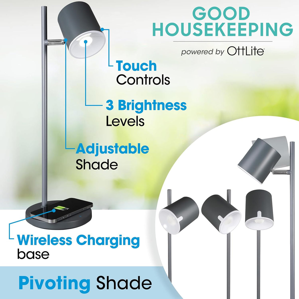 OttLite Good Housekeeping Modern LED Desk Lamp, Wireless Charging, Grey